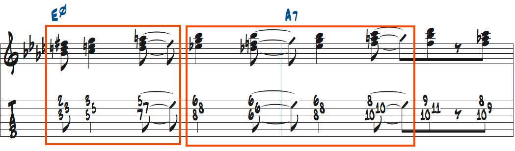 Em7(b5)で使うBbaug、C、Dトライアド、A7で使うEb、Bbm、Fトライアド楽譜
