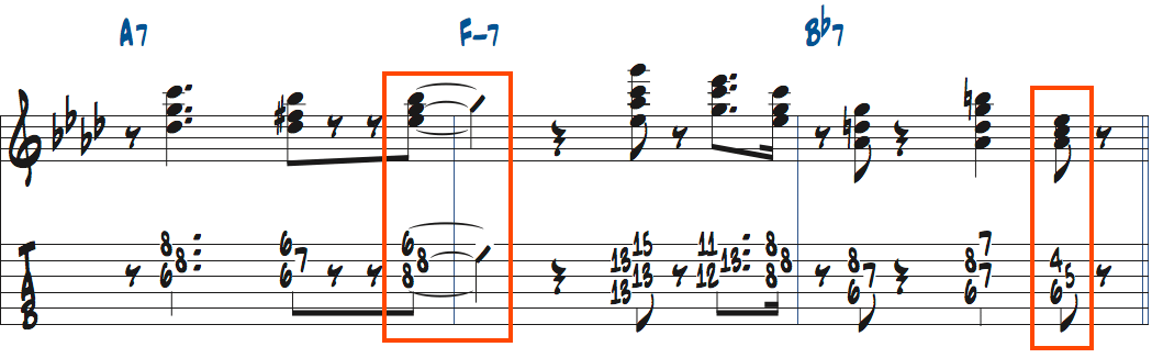 Fm7で使うEbトライアド、Bb7で使うAbトライアド楽譜