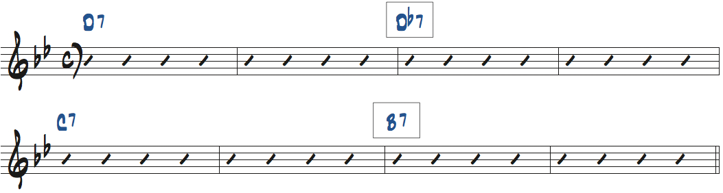 G7、F7をそれぞれ裏コードのDb7、B7にリハモした楽譜