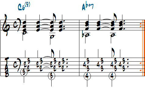 C6(9)-Abdim7のコード進行でリズムパターン１を使った楽譜