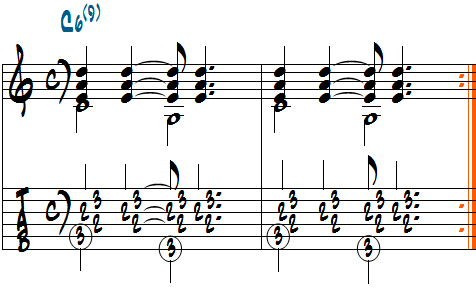 リズムパターン１を使ったC6(9)のルートと５ｔｈを使ったコンピング例楽譜