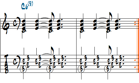リズムパターン１を使ったC6(9)のルートを使ったコンピング例楽譜