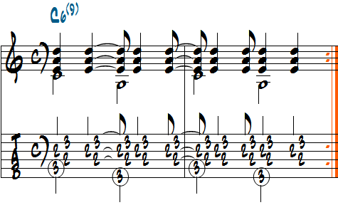 リズムパターン2を使ったC6(9)のルートと5thを使ったコンピング例楽譜