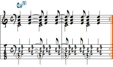 リズムパターン2を使ったC6(9)のルートを使ったコンピング例楽譜