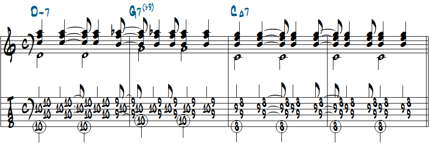 6弦ルートのポジションとリズムパターン２を使ったコンピング楽譜