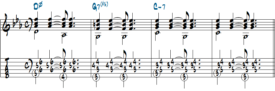 Dm7(b5)-G7(#5)-Cm7のコード進行で基本リズムパターンを使ったコンピング楽譜