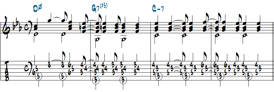 Dm7(b5)-G7(#5)-Cm7のコード進行で血トップノートを動かすコンピング例楽譜