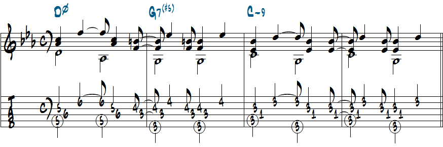 Dm7(b5)-G7(#5)-Cm7(9)のコード進行でコードの弾き方を変えたコンピング楽譜