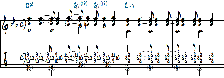 Dm7(b5)-G7-Cm7のコード進行で9thを動かしたコンピング例楽譜