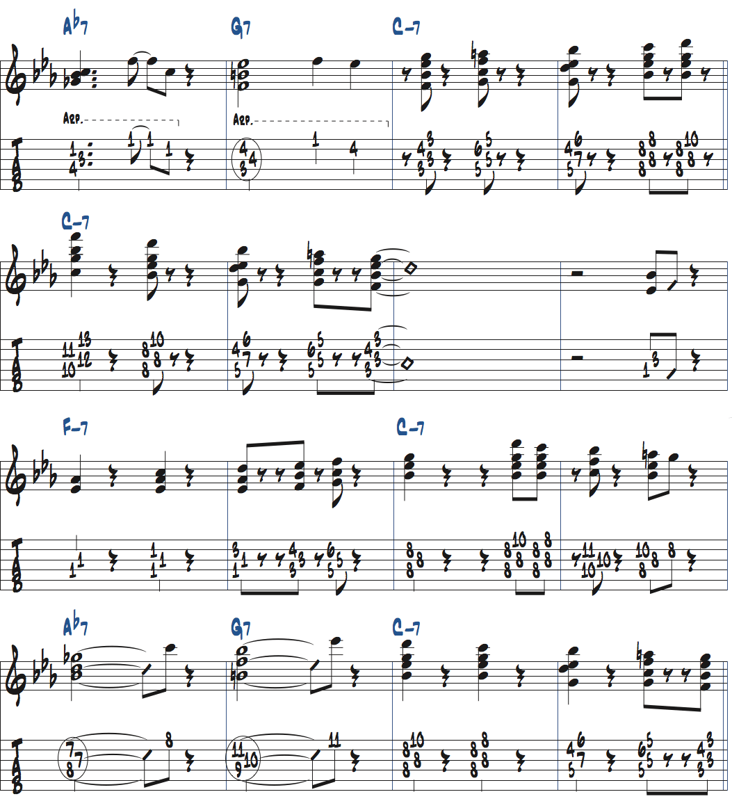 マイナーブルースでのコンピング例ページ2楽譜