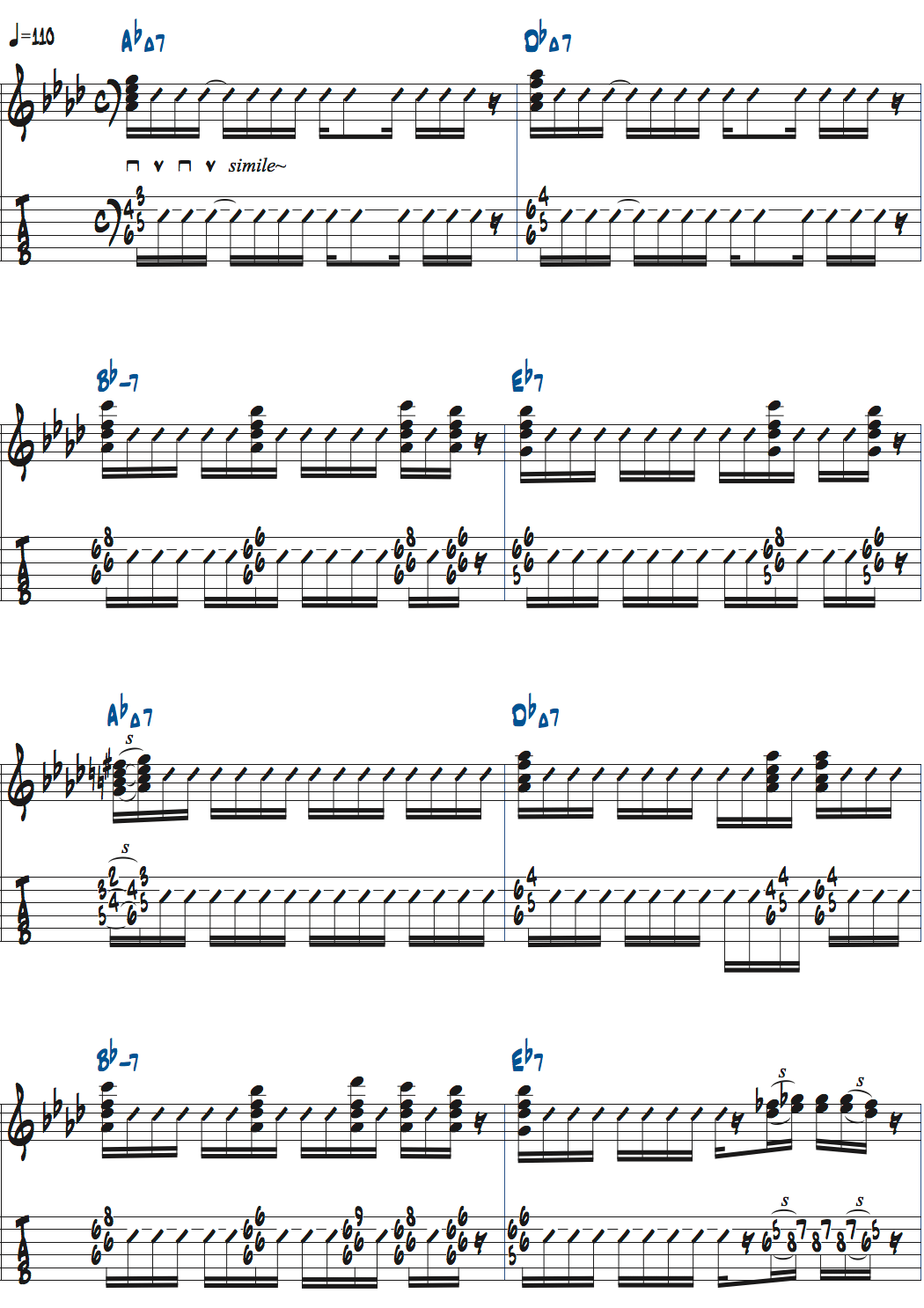 ポールジャクソンジュニアが弾くAbMaj7-DbMaj7-Bbm7-Eb7でのコードストローク楽譜ページ1