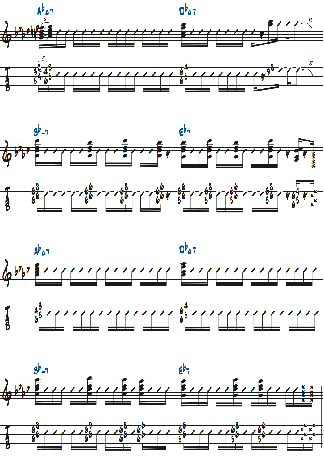 ポールジャクソンジュニアが弾くAbMaj7-DbMaj7-Bbm7-Eb7でのコードストローク楽譜ページ2