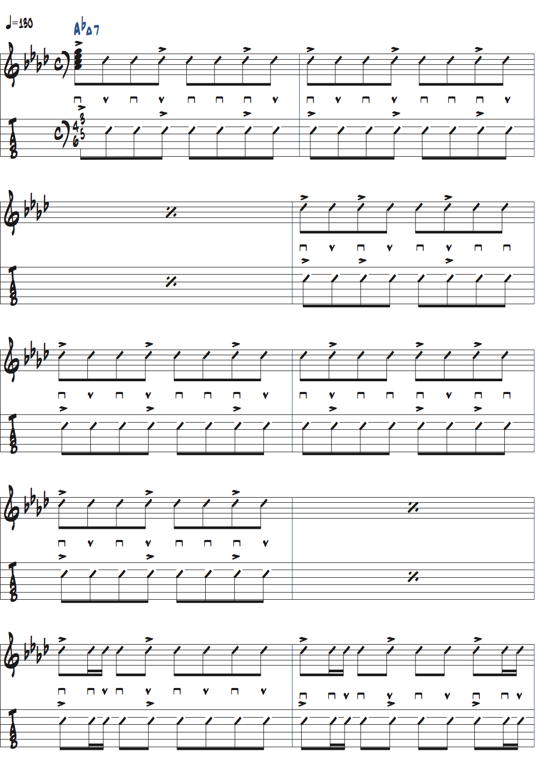 ポールジャクソンジュニアが弾くシンコペーションを加えたAbMaj7のコードストローク楽譜ページ1