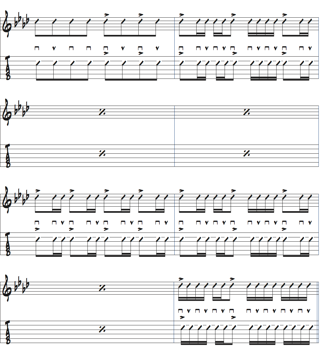 ポールジャクソンジュニアが弾くシンコペーションを加えたAbMaj7のコードストローク楽譜ページ2