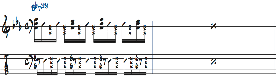 ポールジャクソンジュニアが弾くBb7(13)での左手のミュートカッティング楽譜