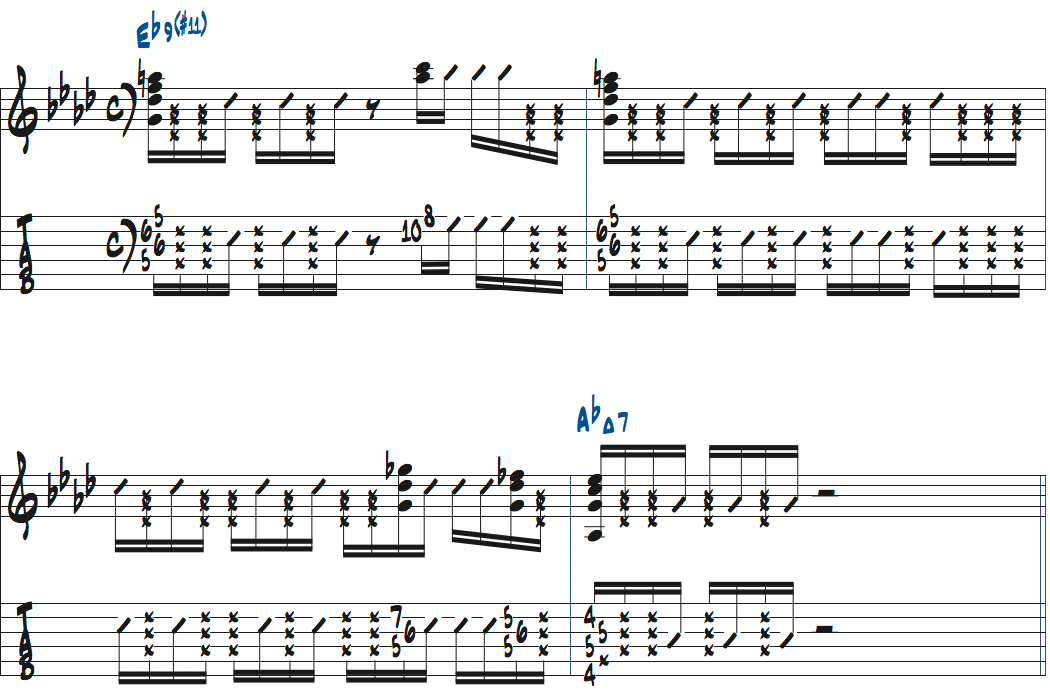 ポールジャクソンジュニアが弾くEb9(#11)-AbMaj7での左手のミュートカッティング楽譜