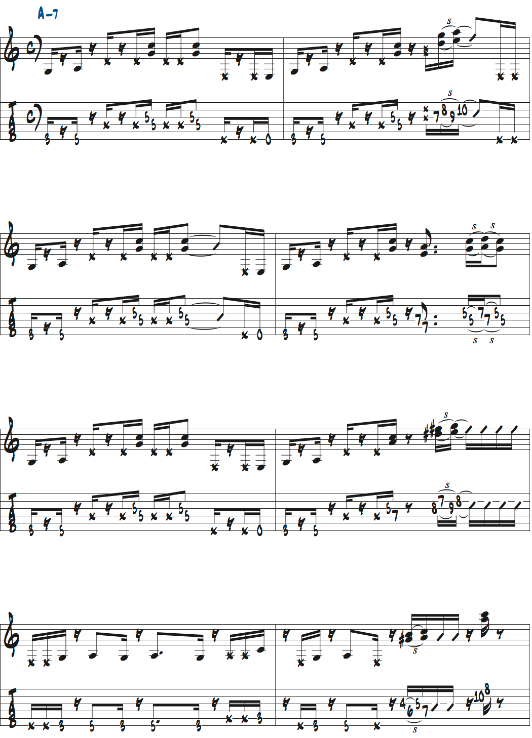 ポールジャクソンジュニアが弾くAm7で3度と4度を加えた演奏例楽譜ページ1