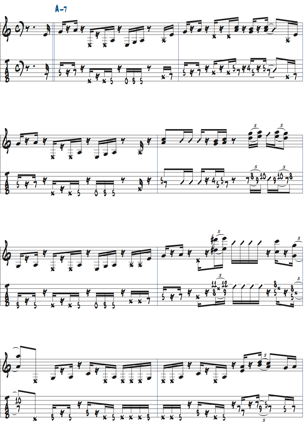 ポールジャクソンジュニアが弾くAm7で6度とオクターブを加えたバッキング例楽譜ページ1