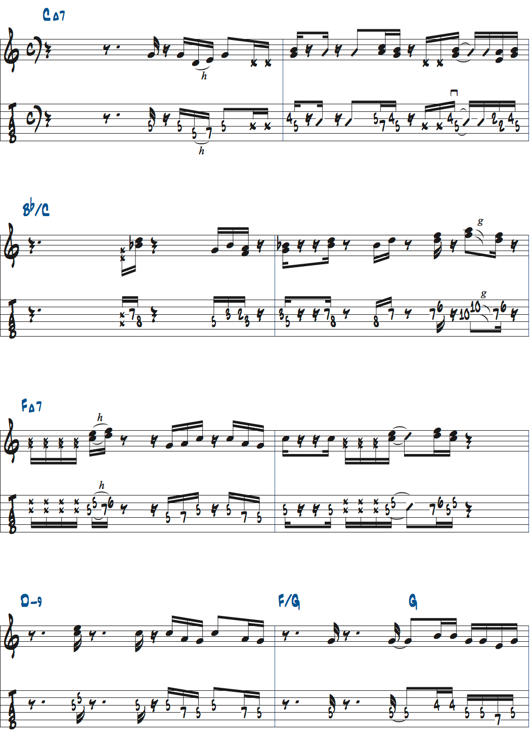 ポールジャクソンジュニアが弾くCMa7-Bb/C-FMa7-Dm9-F/G-Gのコードトーンを使ったバッキング楽譜ページ1
