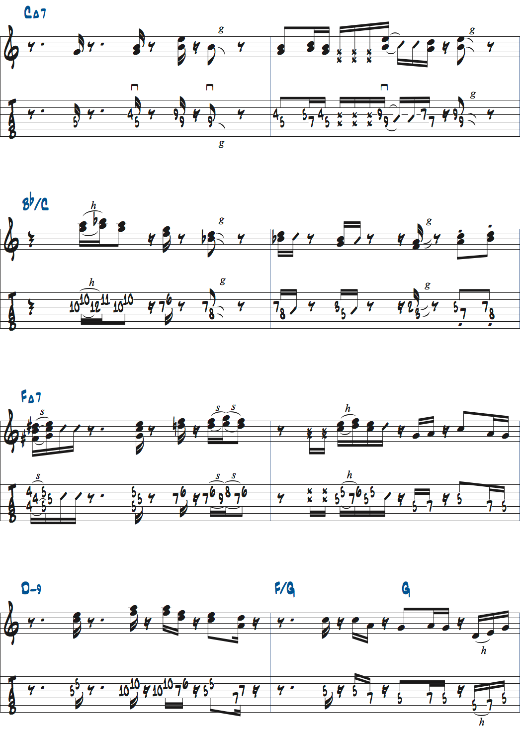 ポールジャクソンジュニアが弾くCMa7-Bb/C-FMa7-Dm9-F/G-Gのコードトーンを使ったバッキング楽譜ページ2