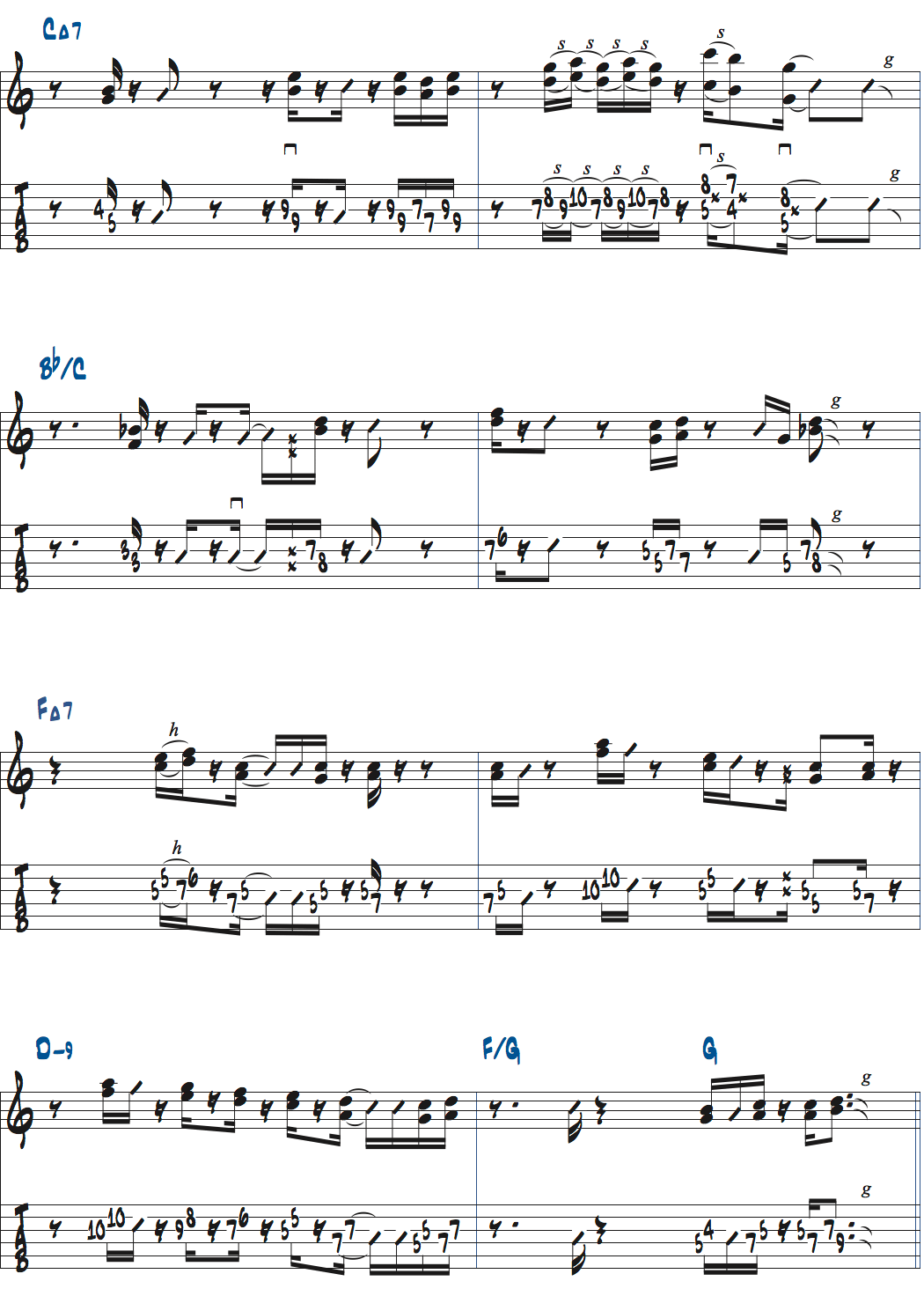 ポールジャクソンジュニアが弾くCMa7-Bb/C-FMa7-Dm9-F/G-Gのコードトーンを使ったバッキング楽譜ページ3