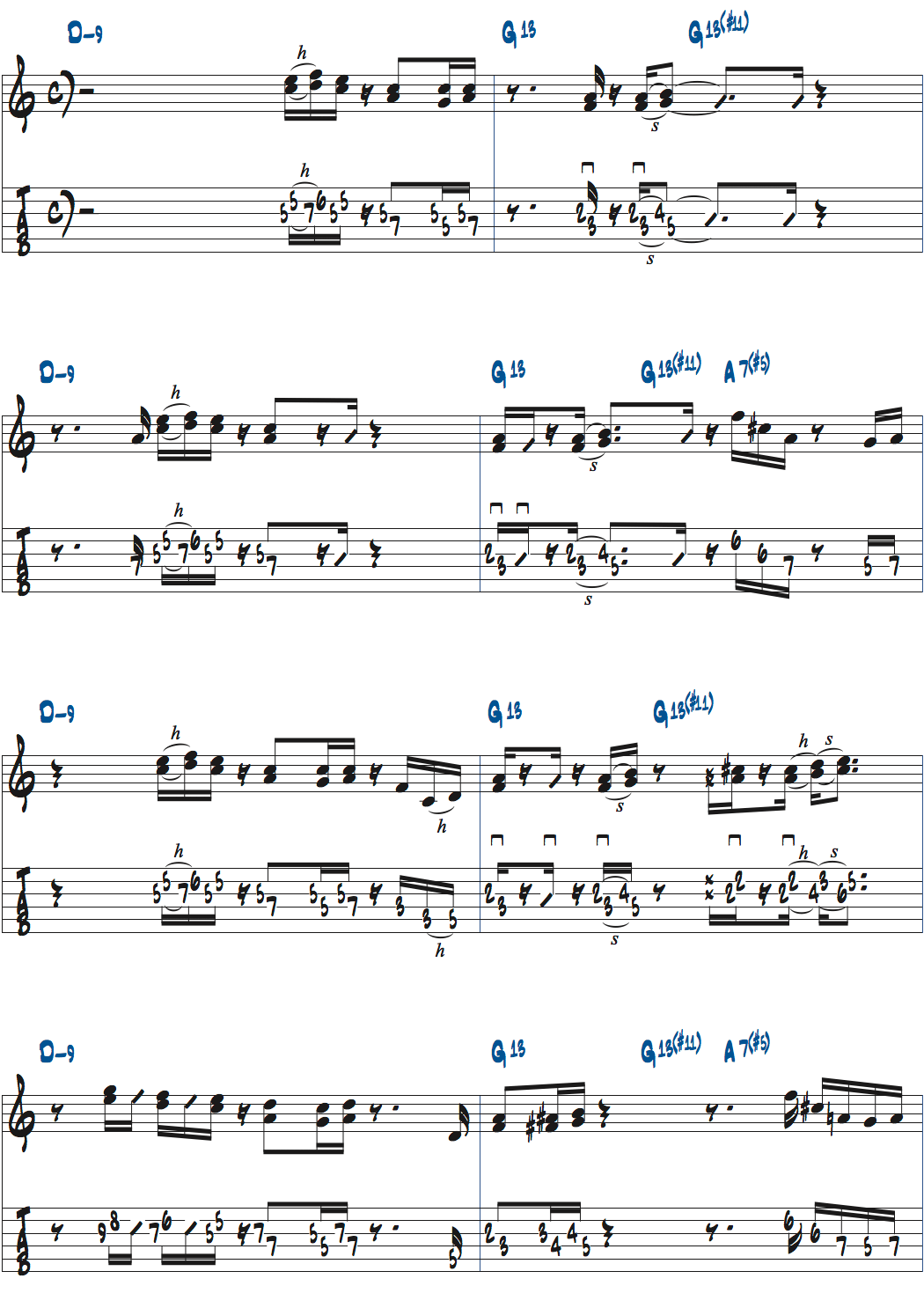 ポールジャクソンジュニアが弾くDm9-G13(#11)-A7+5のコードトーンを使ったバッキング楽譜ページ1