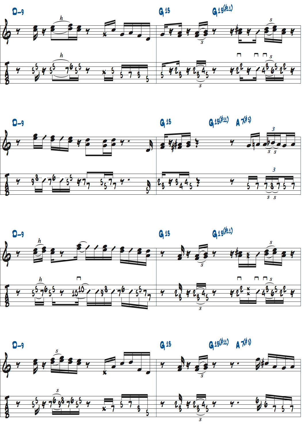 ポールジャクソンジュニアが弾くDm9-G13(#11)-A7+5のコードトーンを使ったバッキング楽譜ページ2