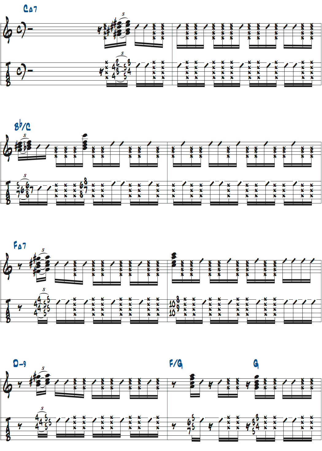 ポールジャクソンジュニアが弾くCMa7-Bb/C-FMa7-Dm9-F/G-Gのコードストローク楽譜ページ1