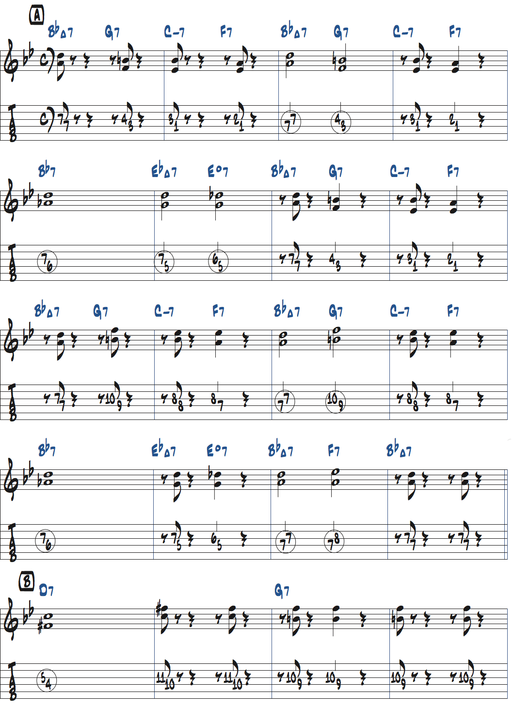 3度と7度とリズムを使ったコンピング練習1楽譜ページ1