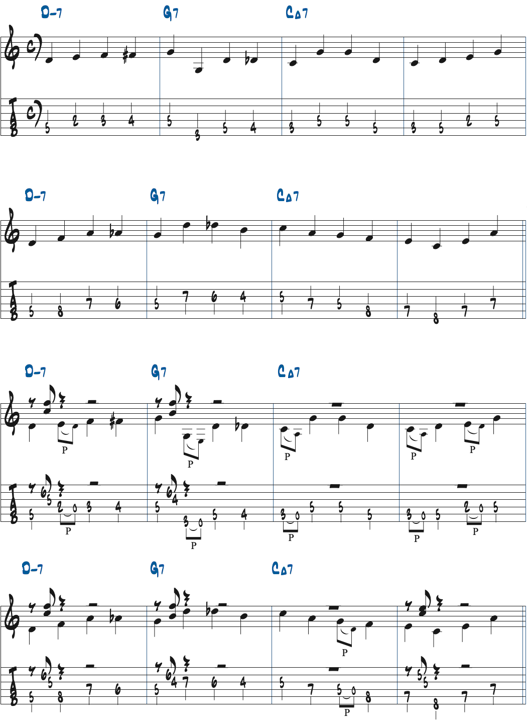 Dm7-G7-CMa7でのウォーキングベース例楽譜