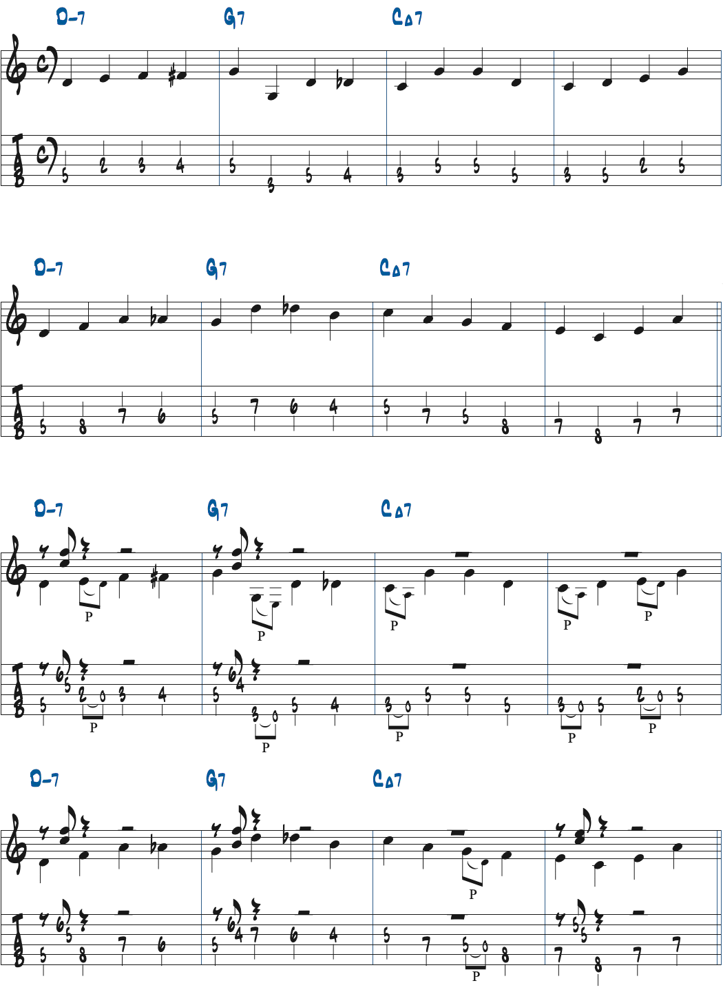 II-V-Iをウォーキングベースで弾いた楽譜