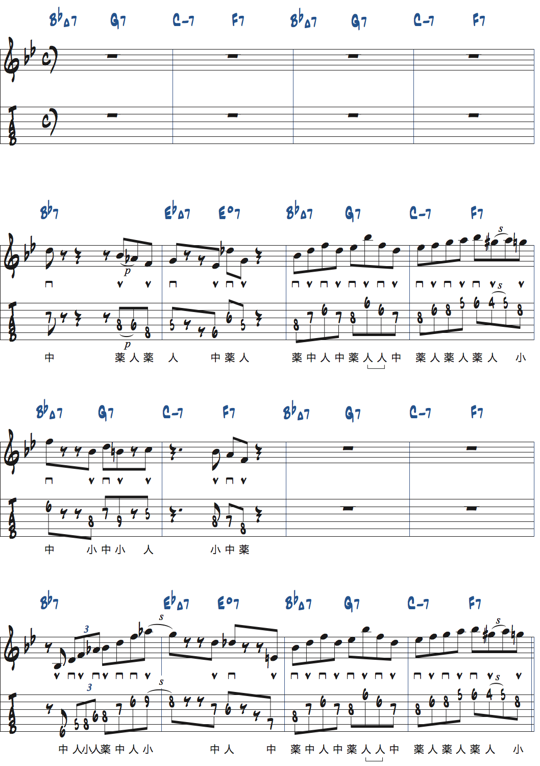 BbメジャーI-VI-II-Vポジション4リック3の前後のコードトーンのリズムを変えて弾く練習楽譜