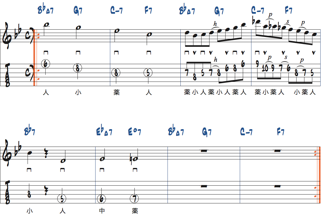 BbメジャーI-VI-II-Vポジション4リック5の前後にコードトーンの2分音符を追加する練習楽譜