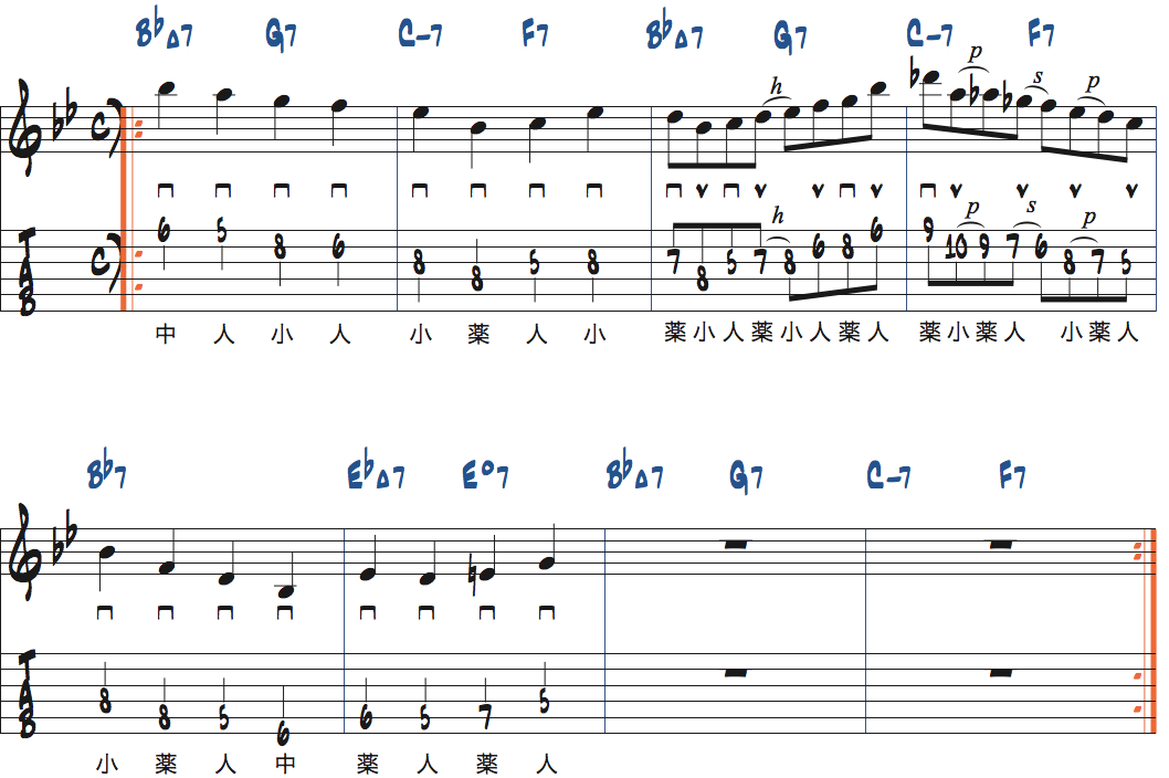 BbメジャーI-VI-II-Vポジション4リック5の前後にコードトーンの4分音符を追加する練習楽譜