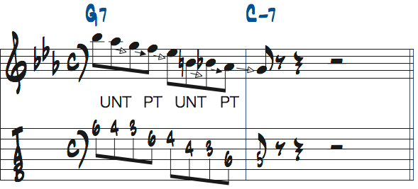 G7-Cm7リックのアルペジオでのアプローチにネイバートーンとパッシングトーンを加えた楽譜