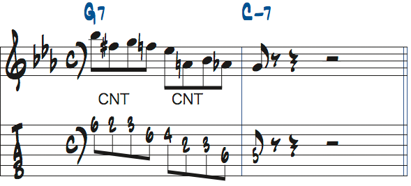 G7-Cm7リックのネイバートーンをクロマチックネイバートーンにアレンジした楽譜