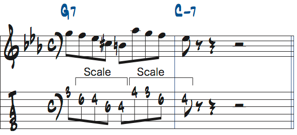 G7-Cm7リックのターゲットノートをアレンジした楽譜1