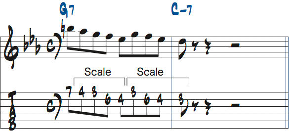 G7-Cm7リックのターゲットノートをアレンジした楽譜4