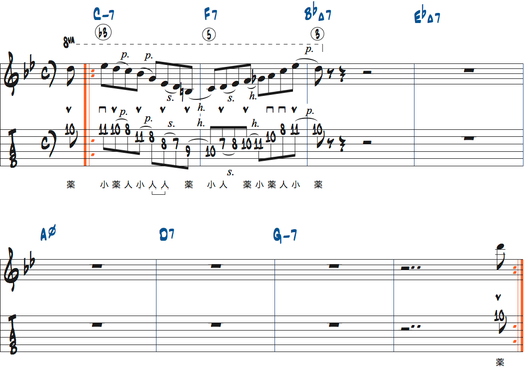 Bbメジャー251リックポジション5-2を枯葉で使う練習1楽譜
