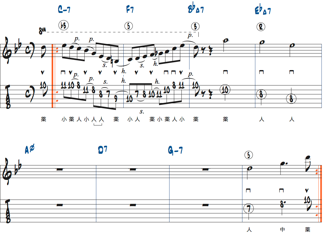 Bbメジャー251リックポジション5-2を枯葉で使う練習3楽譜
