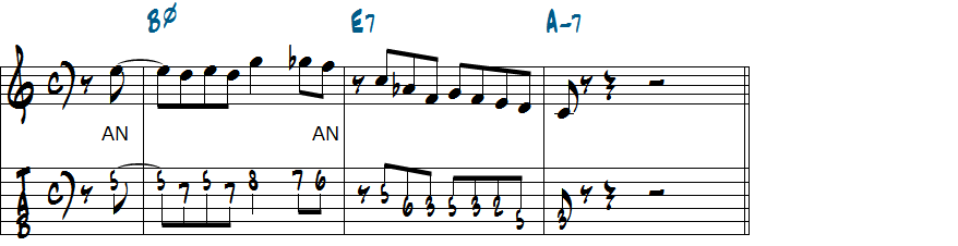 ドミナントでマイナートライアドを使ったマイナー251リックの分析２楽譜