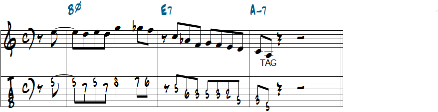 1音のタグノートを使ったリックのアレンジ楽譜