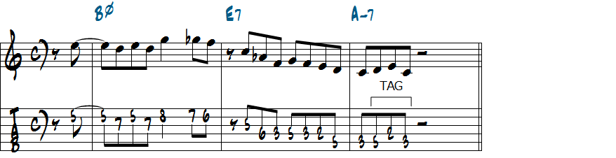 3音のタグノートを使ったリックのアレンジ楽譜