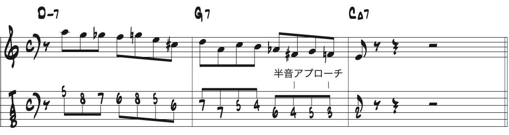 元のリックのままDm7-G7-CMa7にアレンジした楽譜1