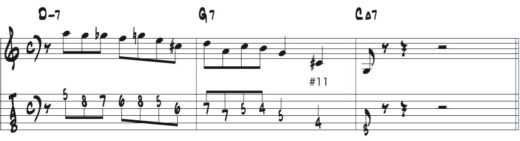 元のリックのままG7に#11thを追加した楽譜