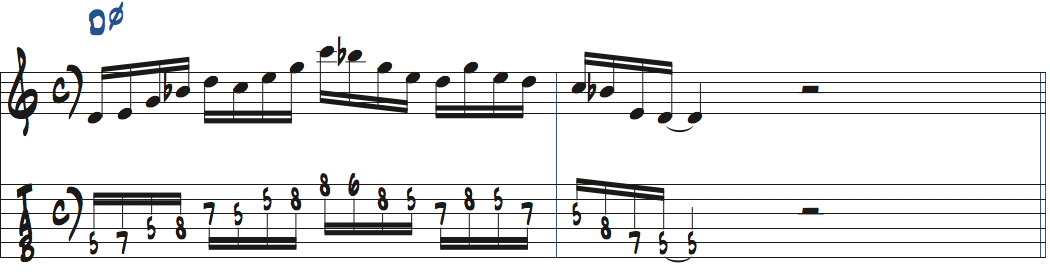 CドミナントペンタトニックスケールをDm7(b5)で使った楽譜