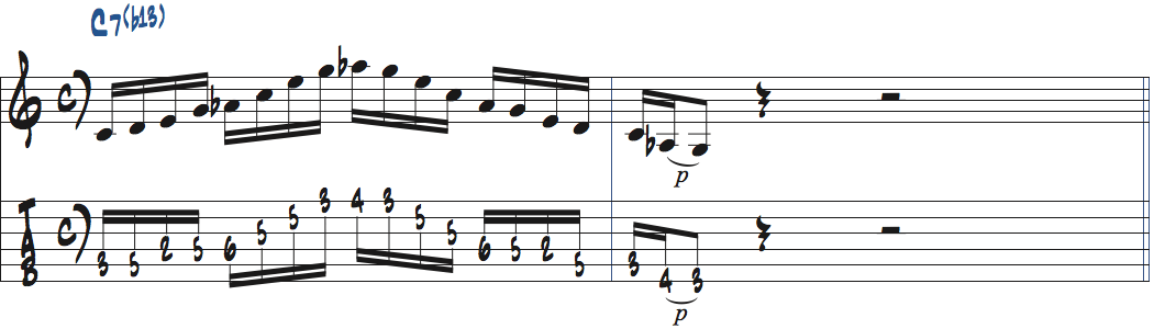 Cメジャーb6ペンタトニックスケールをC7(b13)で使った楽譜