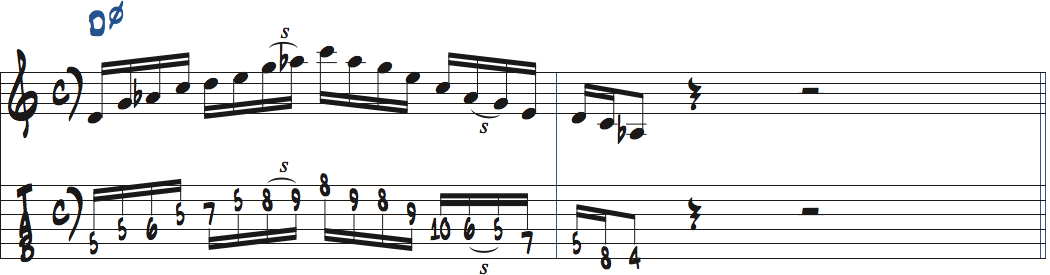Cメジャーb6ペンタトニックスケールをDm7(b5)で使った楽譜