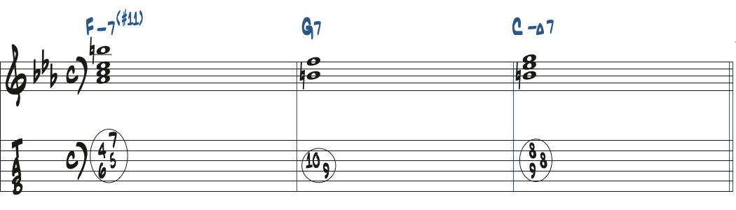 Fm7(#11)-G7-CmMa7のコード進行楽譜