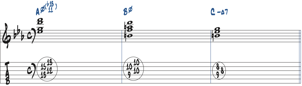 Am7(b5,11,b13)-Bm7(b5)-CmMajのコード進行楽譜